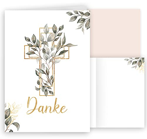 10 tackkort med kuvert tack vikta kort snygg kors akvarell delikat för dop nattvard konfirmation bekräftelse sorg blad grönt guld att designa själv