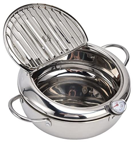 Friteuse Tempura, 24cm Friteuse Tempura Japonaise en Acier Inoxydable avec Thermomètre et Couvercle compatible avec cuisinière à gaz induction, Domestique Tempura pour Frites Crevettes(Argenté)