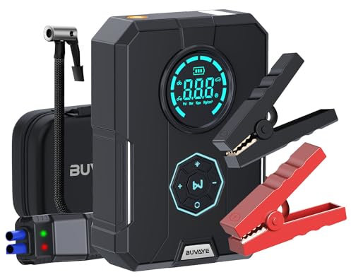 Tragbare Auto Starthilfe Powerbank mit Kompressor, 150PSI 2000A Starthilfegeräte für Autobatterien (Alle Benzin/5L Diesel), BUVAYE Car Jump Starter mit Starthilfekabel, LED-Licht, LCD Bildschirm
