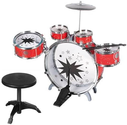 Batería musical para niños con taburete de batería para niños, instrumentos musicales con 5 tambores, 1 plato, 1 taburete, 2 baquetas, instrumento de percusión con silla de batería clásica