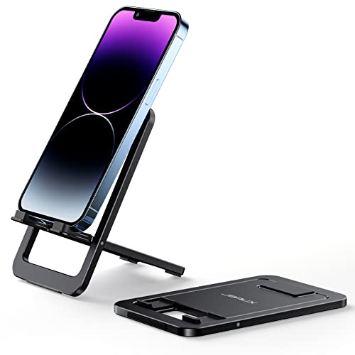 JSAUX Fold-Flat Cell Phone Stand, Adjustable Desk Holder-Black | Easy to Carry, Travel Friendly, for 4-8 Inch Phones, 0-90° Viewing, Sturdy Aluminum, Reinforced Swivel, Charging Access