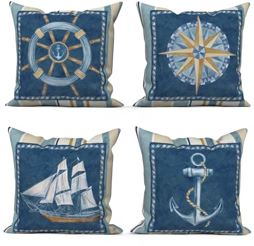 ASDCXZ Maritim Kissenbezug 40x40 cm 4er Set, Blau Beige Anker Kompass Segelboote Sofa Dekokissen Kissenbezüge Kissenhülle Waschbar Polyester Flachs Textil Outdoor Kopfkissenbezug Kissen Bezug