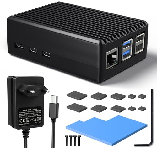 Miuzei Aluminium Gehäuse für Raspberry Pi 5, Passivkühlung mit Netzteil | 5,1V 5A 27W GaN Netzteil, Massives Case, passive Kühlung, leise, mit Wärmeleitpads, für Pi 5 16/8/4/2GB, inkl. Ersatzzubehör