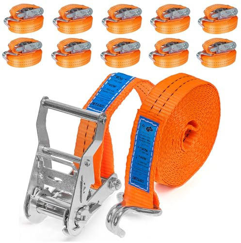 INTAKO transportbälten 6 m x 2 000 kg x 35 mm - set med 10 stycken - fästbälte med spännare för lastsäkring - kompatibel med DIN EN 12195-2 - TÜV GS certifierad