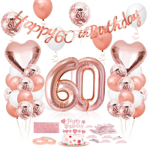 Luftballon 60. Geburtstag Roségold - Deko Set Mit Riesen Folienballon Zahl 60, Happy Birthday Folienballon, Ballon Dekoration für Frauen