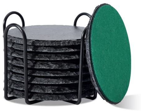 Lot de 8 dessous de verre en ardoise - 10 cm - Ronds - En feutre - Avec support - Pour boissons, bar, tasses, dessous de verre - Vert