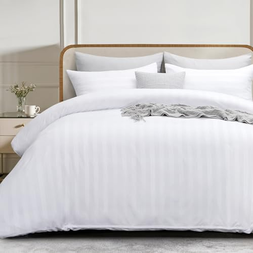 RUIKASI Double Duvet Cover Set - Hotel Quality Satin Stripes Duvet Cover with 2 Pillowcases, White Double Bedding Bed Set with Zip Fastening, Ultra Soft Quilt Bed Cover