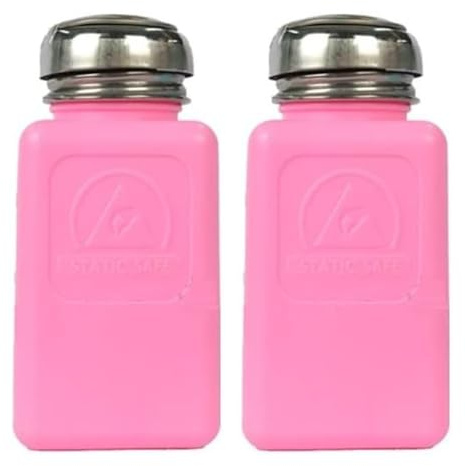 2 Pack 6 OZ / 200ml ESD Permanent Solvent Bottle | AntiStatic Square Bottle | One Touch press Stainless Steel Liquid Dispenser Pump for Rubbing Alcohol / Nail Polish Makeup Remover Dispenser, Pink