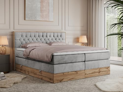 MKS MEBLE King Boxspringbett 180x200 mit Bettkasten und Kopfteil, Bonell Polsterbett mit Matratze H3 und Topper T25, Bett mit Holzrahmen in Wotan Eiche - Hellgrau Velvet - Amore King