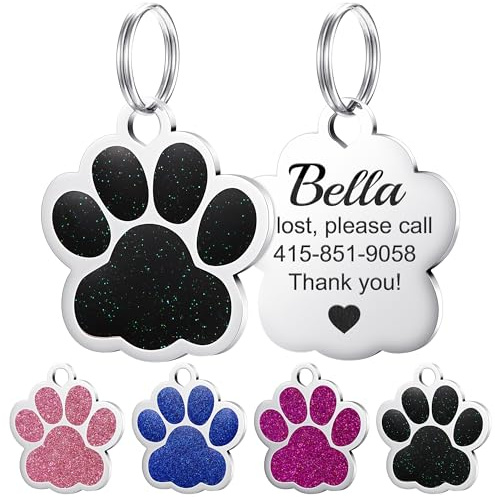 GISUREY Pfotenform Hundemarke mit Gravur mit Glitzer – Hundemarke Personalisiert Tiefenlasergraviert Langlebig, Adressanhänger Hund, Namensschild für Halsband bis zu 4 Zeilen Text (Schwarz)