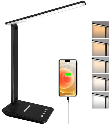 joyshie Lampe de Bureau LED avec Adaptateur, Pliable Lampe de Chevet Dimmable avec 5 Modes de Couleur et 5 Niveaux de Luminosité, Port de Charge USB, Pour Lecture Travail (Noir)
