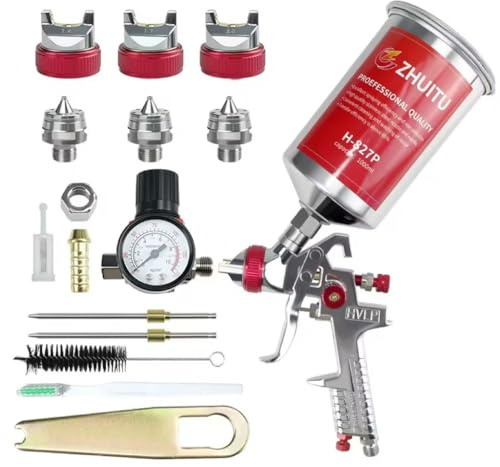 ZHUITU HVLP Air Spray Gun with 1.4/1.7/2mm Nozzles, 1000cc Capacity, Silver+Red, Handheld Paint Sprayer for Car Primer, Furniture, Wall Painting, Base Coatings