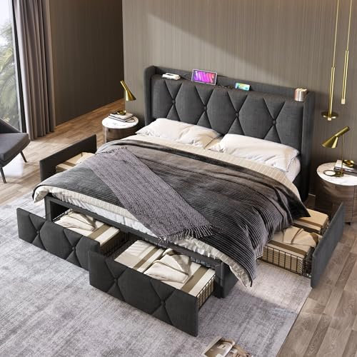 Gegtuon Polsterbett Bett 140x200 mit USB-Anschluss, Doppelbett mit 4 Stauraum Schubladen und Kopfteil, Stauraumbett Funktionsbetten Jugendbett Bettgestell mit Lattenrost, ohne Matratze, Leinen, Grau