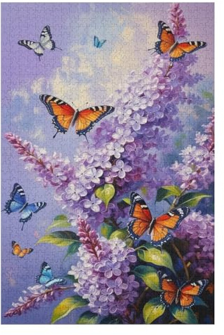 Beautiful Butterfly Lilac Flower Colorful Oil Painting Jigsaw Puzzles 500 Pieces for Adults Jigsaw Puzzles for Adults 500 Pieces and Up Puzzle Gift for Women Men 20.5x15 Inch