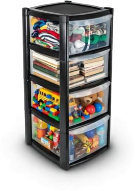 ORGANIZED® Large 4 Drawer Plastic Storage Tower Black - Multipurpose Storage For Home | Office | Garage | School | Children's Toys | Stationary