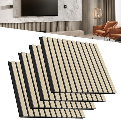LZQ Akustikpaneele Echtholz Furnier 4er Set Wandverkleidung 60 x 60 cm Wandpaneele Lamellenwand Schalldämmung Holzpaneele Wand Akustikplatten Wanddekoration für Wohnzimmer Flur Büro (Holzfarbe)