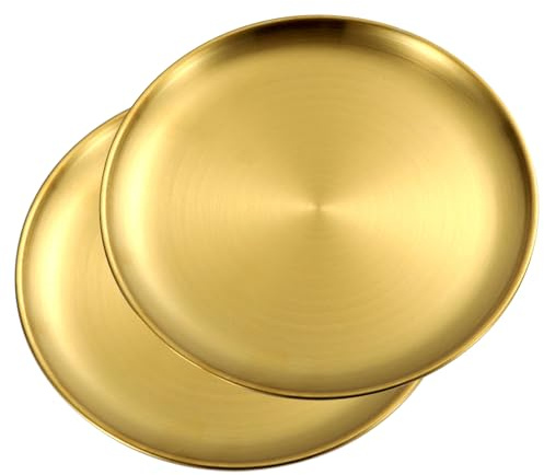 AUSHOPLAH Set von 2 Edelstahl Speiseteller Steak Salat Metall Speiseteller Pizza Pasta Runde Teller E02 (2 Stück Gold 23 CM)