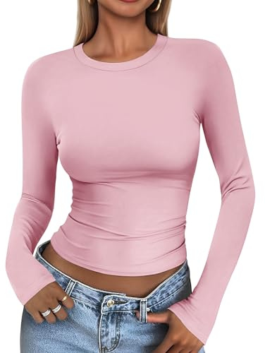 Cuptacc Camiseta Manga Larga Mujer Unicolor Delgado Túnica Elegantes Cuello Redondo Sin Arrugas Tops Ligero Comodidad Tshirt Mujer Rosa Melocotón L
