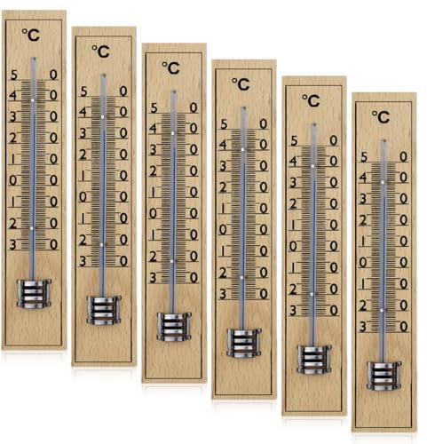 6 Stück Holz Außenthermometer Set, 220 X 47 X 7 Mm Holz Thermometer Quadratisch: Analoge Raumthermometer Garten, Classic Thermometer Für Innenbereich, Temperatur -40 Bis +50°c Für Zuhause & Garten