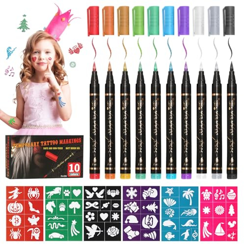 10 Stück Glitzer Tattoo Stifte Kinder, Tattoostifte Für Kinder Hautfreundlich, Tattoo Stifte Wasserfest Mit Schablonen Für Jungen und Mädchen, Geschenkidee zu Geburtstagen Halloween & Karneval