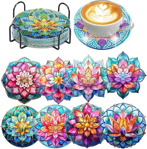 8 Stück Diamond Painting Untersetzer mit Halter-DIY Diamant Painting Set für Erwachsene & Kinder-Rund Mandala & Hund Motive Tassenuntersetzer mit Kork-Rückseite-Kreative Entspannung Bastelideen(Blume)