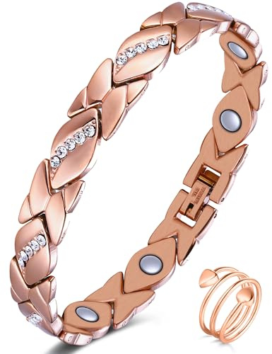 Jeracol Kupferarmband Damen und Magnetfeldtherapie Ring, gefertigt aus 99% reinem Kupfer,einstellbar Magnetarmband mit Kraftmagnete(Roségold-kristall)