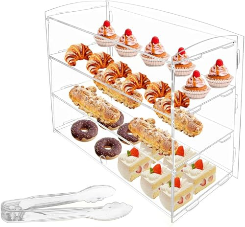 WUDLEP 3-Tier Clear Bakery Display Case, Countertop Pastry Showcase with Cake Serving Tongs, Party Dessert Stand for Cakes, Bread, Cupcakes and Donuts, 46 x 25 x 44 cm