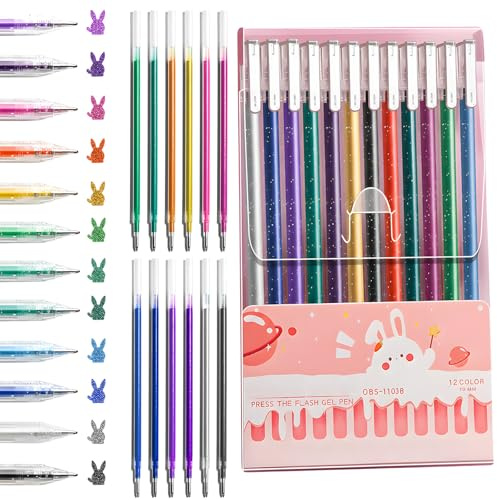 ZaoGoin 24 Stück Glitzer Stifte Set, Glitzer Gelstifte mit 12 Stiften und 12 Ersatzminen, Ideal für Kunstprojekte, Erwachsene Malbücher, Skizzieren, DIY Handwerk, Scrapbooking und Kartenbasteln