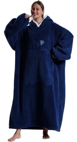 Surwin Coperta con Maniche e Cappuccio Uomo Donna, Coperta con Braccia e Tasca Calda Pesante Copertina Pile con Maniche per Le Notti Invernali sul Divano (Blu navy,140cm)