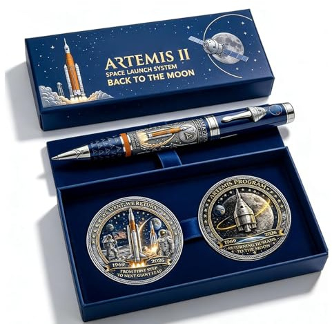 Bolígrafo conmemorativo de la misión Artemis II de regreso a la Luna con moneda, bolígrafo con temática de astronauta y cohete para amantes del espacio, hombre, decoración de escritorio (02#)