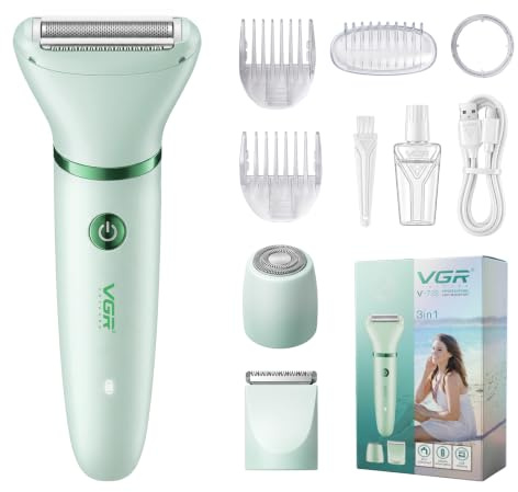 VGR 735 Rasierer Damen, 3 in 1 Kabelloser Intimrasierer Für Frauen, Grün | Damenrasierer Elektrisch Und Gesichtsepilierer, Elektrischer Rasierer Damen Für Beine, Körper Und Achselhöhlen