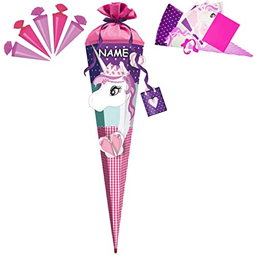 alles-meine.de GmbH BASTELSET - 3D Effekt - Schultüte + 5 kleine Zuckertüten - Einhorn - Pferd & Herzen - inkl. Name - 85 cm - mit Holzspitze - Filzabschluß - Zuckertüte - in..