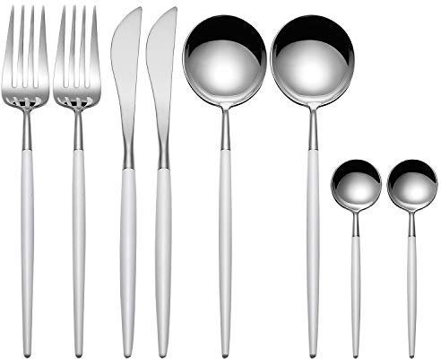 MORGIANA 8 Pieces Flatware Sets,18/10 Stainless Steel Cutlery Set Mirror-Finished, Silverware Set, Dinnerware Set Including Dinner Knife Spoon Fork Teaspoon, Service for 2 (White and Silver)