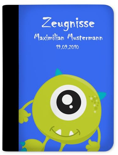 CreaDesign Zeugnismappe A4 mit Namen personalisiert – Monsterparty – für Jungen – Dokumentenmappe Schule ohne Klarsichthüllen