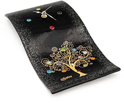Sospiri Venezia Orologio da Parete Vetro Murano Meccanismo Silenzioso Decorato Murrine e Foglia Oro Idea Regalo Realizzato a Mano Made Italy (Nero 16x30 cm)