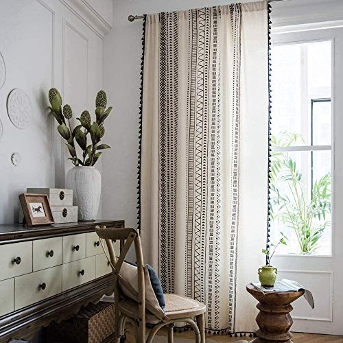 CoutureBridal Gardinen Vorhang Durchscheinend Schwarz Beige Leinen mit Quaste Verdunkelungsgardine Wohnzimmer Schlafzimmer Geometrischmuster Blickdichte Vorhänge (B 140cm x H 160cm,1 Stück)