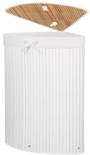 SPRINGOS Cesto angolare per la biancheria, con coperchio, 73 litri, in bambù, salvaspazio, per il bagno, adatto anche come forziere per i giocattoli, (bianco, 73 L)