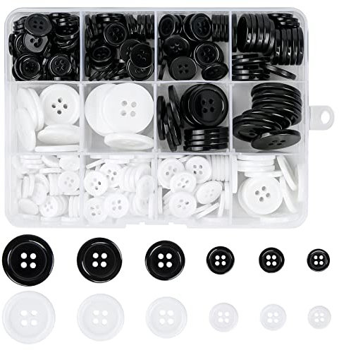 336 Stück Knöpfe, Schwarz und Weiße Knöpfe Rund Nähen Harzknöpfe, 4 Löcher Basis Harzknöpfe zum Stricken Knöpfes Groß Basteln Knöpfes für Nadeln Stricken Handwerk (10/11,5/12,5/18/20/23 mm)