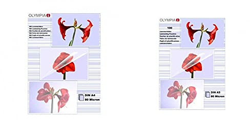 Olympia 9166 Laminierfolien, 80 Mic, DIN A4, 100 Stück & 9167, Laminierfolien, DIN A5, 80 mic, 100 Stück, glänzend/transparent, geeignet für alle Heißlaminiergeräte