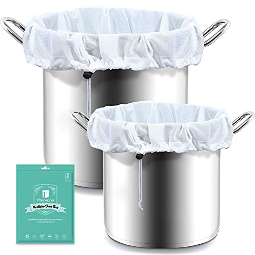 MONKKINO 2pcs Brew Bags, 250 Micro Fine Mesh Strainer Bag, Reusable Drawstring 5-10 Gallon Filter Bag for Home Brewing, Kitchen Straining for Beer, Wine, Nut Milk, Cold Brew, Jelly, 16x18&22x26