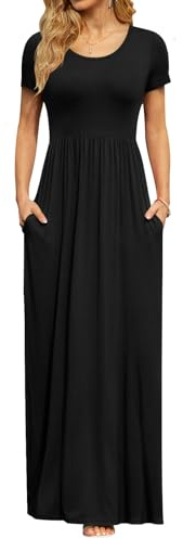 DB MOON Womens Maxi Dresses Casual Short Sleeve & Pockets Empire Waist Long Dress for Beach Party M, Black