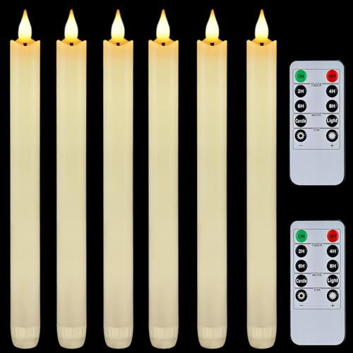 Homemory 6 Pcs Wax Flameless Taper Candles with Remote Timer and Dimmer, LED Candle Sticks with Flickering Light, Ivory Battery Operated Window Candles, 9.6 Inches for Wedding Home Indoor Decoration
