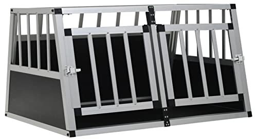 Gecheer Hunde Transportbox für Auto 89 x 69 x 50 cm, mit Doppeltür, Hundebox Autobox Hundetransportbox Alubox Hund Reisebox Silber