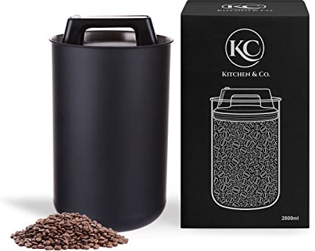 KC Kitchen & Co. Kaffeedose luftdicht für 1 kg Kaffeebohnen – Edelstahl Vorratsdose mit Vakuumdeckel & Aromaverschluss – Aufbewahrungsdose für Kaffee, Tee, Zucker, Müsli Schwarz Matt (2800 ml)