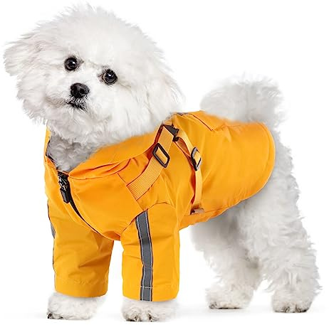 MHaustlie Hunderegenmantel, Regenjacke für Hunde mit Kapuze und Geschirrl, Wasserdichter Regenmantel mit Reflexionsstreifen, Regenjacke Hund Wasserdicht für kleine und Mittelgroße Hunde (M, Gelb)