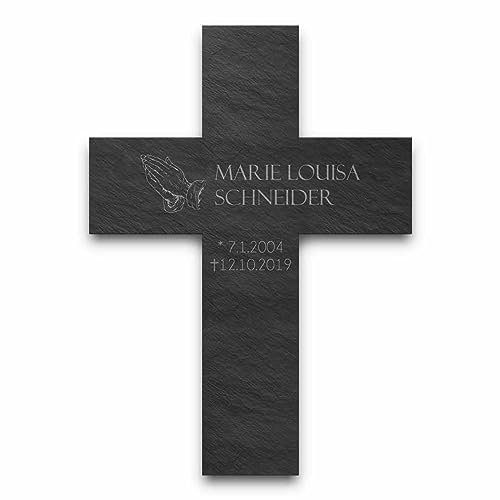 CHRISCK design Schiefer Kreuz mit personalisierter Gravur - individuelles Andenken an verstorbene Menschen - Größe ca. 24x33,5 cm