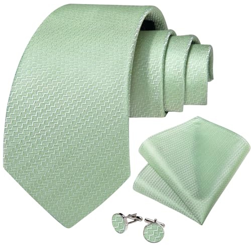 DiBanGu Juego de corbata para hombre, color sólido, corbata y gemelos cuadrados de bolsillo, formal, boda, negocios, Verde claro 8336, Taille unique