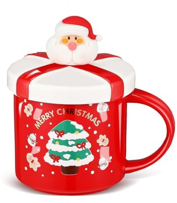 SuperglockT Weihnachtsbecher Weihnachtliche Kaffeetasse mit Deckel und Löffel 400ml Keramik Weihnachtstasse Porzellanbecher Weihnachtsmotiv Trinkbecher Bürotasse Geschenkidee (Weihnachtsbaum-Muster)