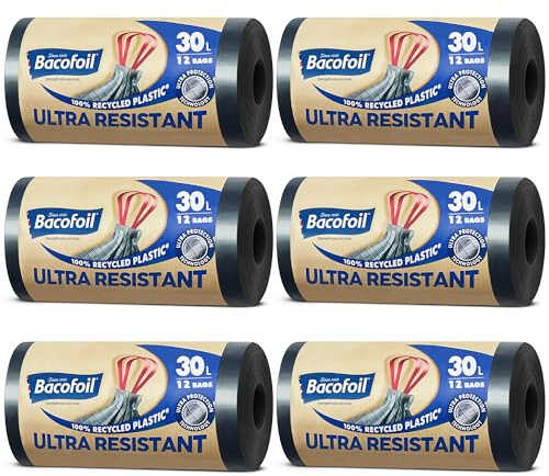 Bacofoil Ultra Resistant Bin Liners with Drawstring Handles 30L - Leak-Proof and Tear Resistant 30L Bin Bags with Ultra Protection Technology (6 Rolls, 72 Bags)