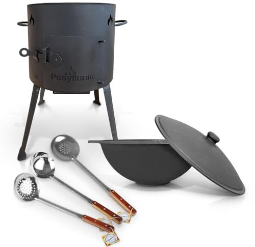 Utschak - Horno de fuego con olla de hierro fundido con tapa (10 L), cucharón kazan de 48 cm, 2 cucharones de 48 cm, kazanoFF, Учаг, exterior, brasero, camping, kazán, cañón de goulash (juego 5)